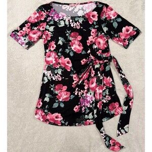 Hello Miz Maternity Small Black Rose Short Sleeve Blouse Top Side Tie Ruched EUC